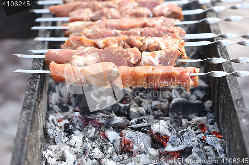 Image of Grilling marinated shashlik on a grill. Shish kebab popular in Eastern, Central Europe and other places. 