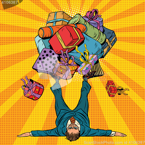 Image of Businessman boss has on his feet a lot of gifts