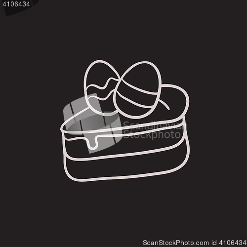 Image of Easter cake with eggs sketch icon.