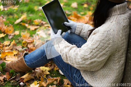 Image of close up of woman with tablet pc in autumn park