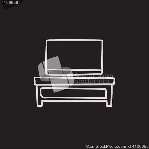 Image of Flat screen tv on modern stand sketch icon.