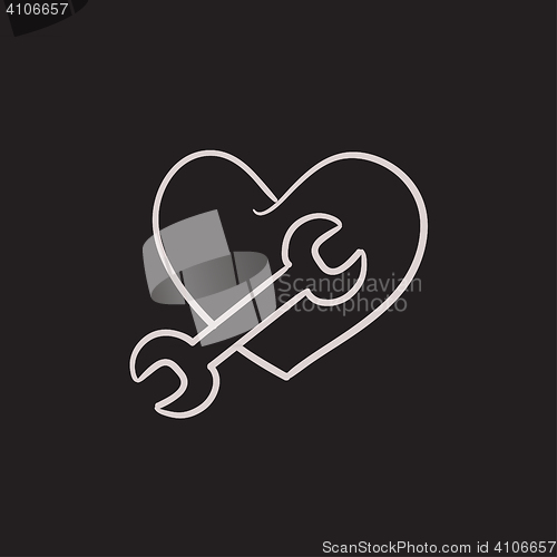 Image of Heart with wrench sketch icon.