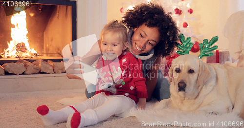 Image of Happy family selfie portrait at Christmas