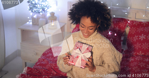 Image of Smiling African woman holding Christmas gift