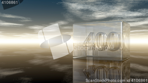 Image of number four hundred in glass cube under cloudy sky - 3d rendering