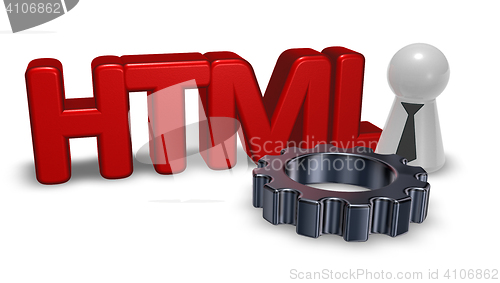 Image of html tag, pawn with tie and gear wheel - 3d illustration