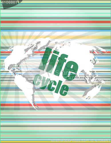 Image of life cycle words on digital touch screen vector quotation marks with thin line speech bubble. concept of citation, info, testimonials, notice, textbox. flat style 