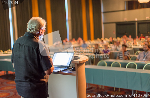 Image of Senior public speaker giving talk at scientific conference.