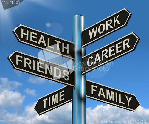 Image of Health Work Career Friends Signpost Showing Life And Lifestyle B