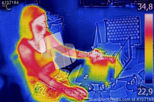 Image of Infrared thermography image showing the heat emission when woman