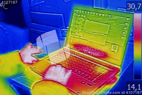 Image of Infrared thermography image showing the heat emission when man u