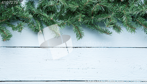 Image of White wood board table with spruce branches, copy space background