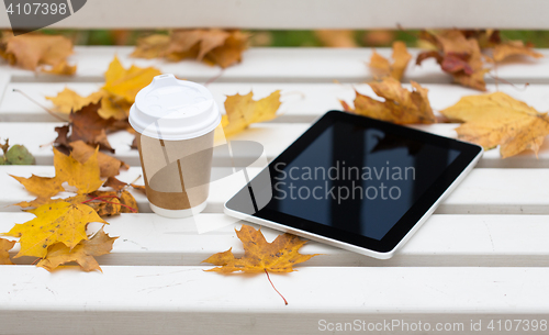 Image of tablet pc and coffee cup on bench in autumn park