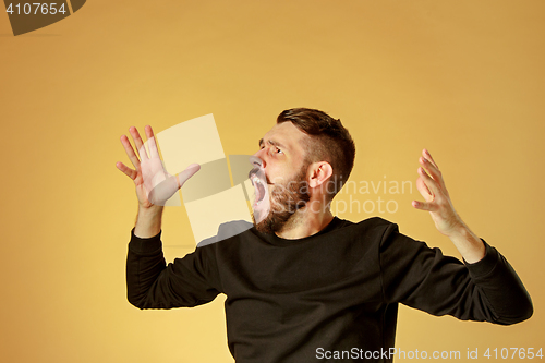 Image of Portrait of young man with shocked facial expression