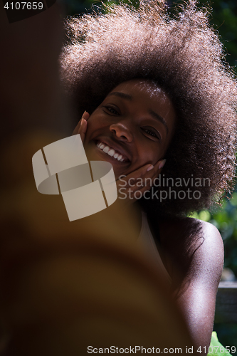 Image of Close up portrait of a beautiful young african american woman sm