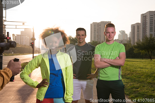 Image of portrait multiethnic group of people on the jogging