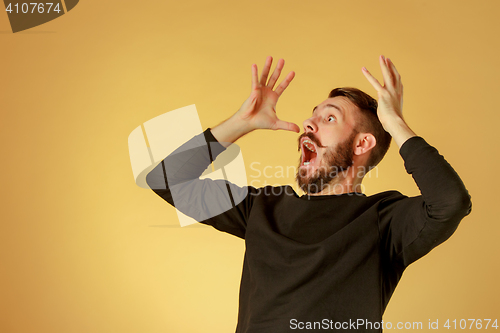 Image of Portrait of young man with shocked facial expression