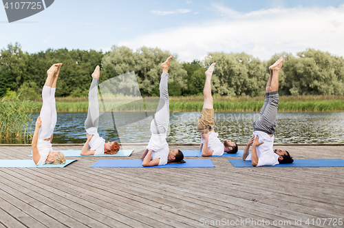 Image of people making yoga in shoulderstand pose on mat