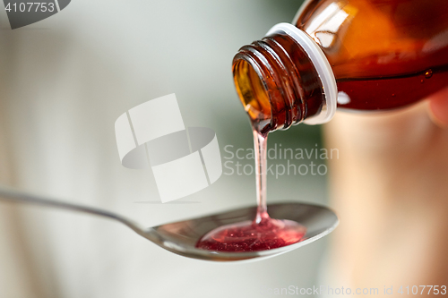 Image of medication or antipyretic syrup and spoon