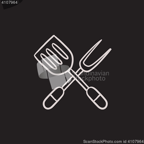 Image of Kitchen spatula and big fork sketch icon.