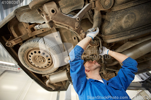 Image of mechanic man or smith repairing car at workshop