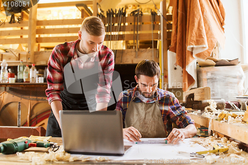 Image of carpenters with laptop and blueprint at workshop