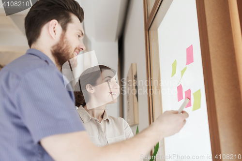 Image of creative team with stickers on glass at office