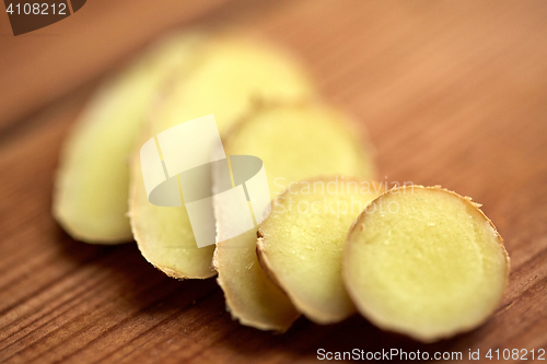 Image of close up of ginger root on wooden table