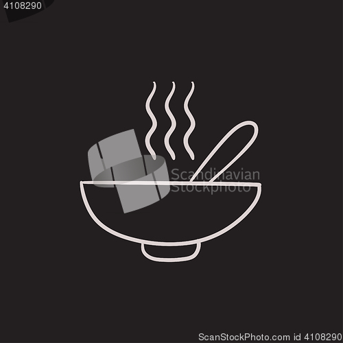 Image of Bowl of hot soup with spoon sketch icon.