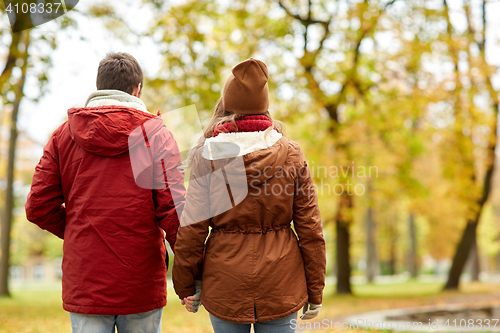 Image of happy young couple walking in autumn park