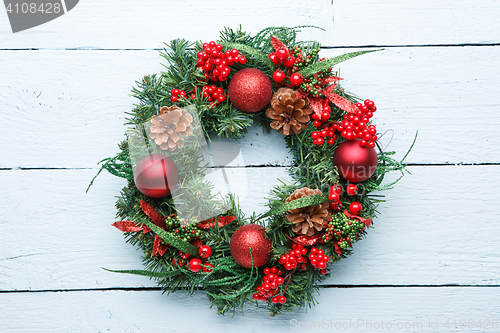 Image of Advent wreath on wooden background