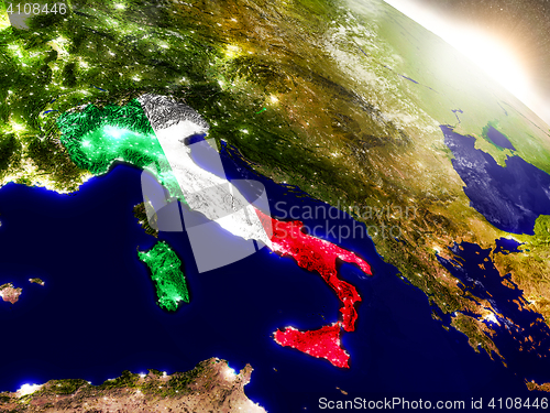 Image of Italy with flag in rising sun
