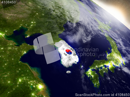 Image of South Korea with flag in rising sun