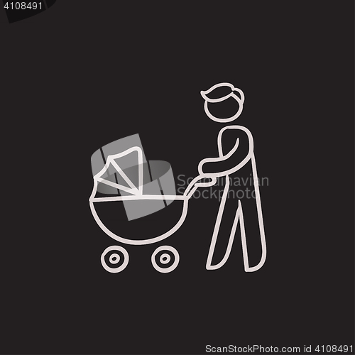 Image of Man walking with baby stroller sketch icon.