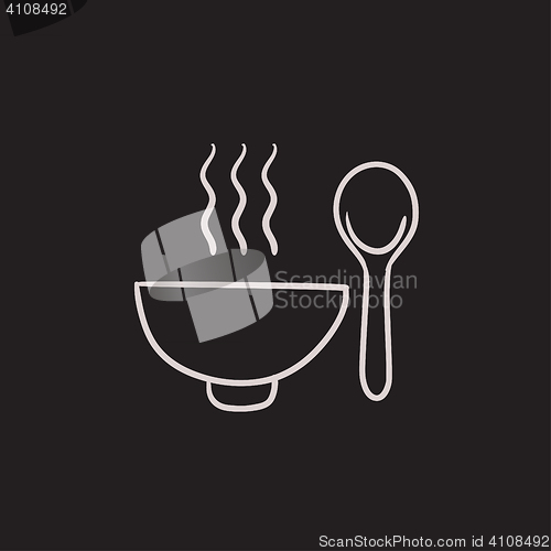 Image of Bowl of hot soup with spoon sketch icon.