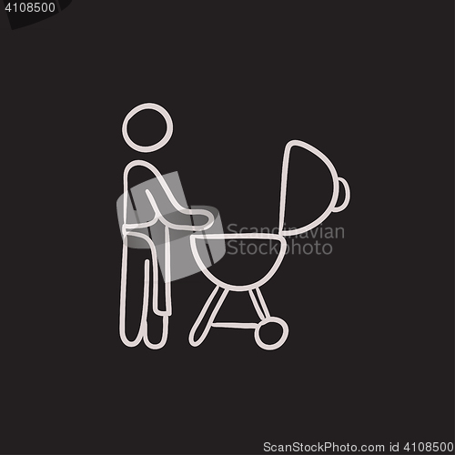 Image of Man at barbecue grill sketch icon.