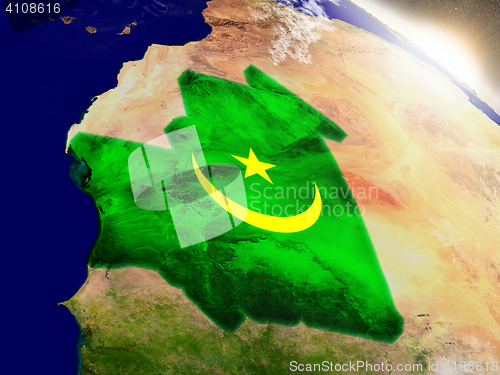 Image of Mauritania with flag in rising sun