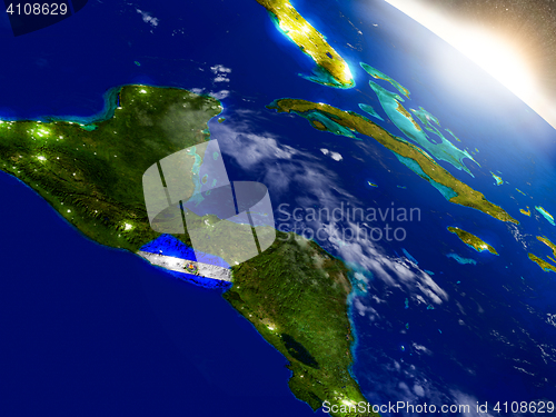 Image of El Salvador with flag in rising sun