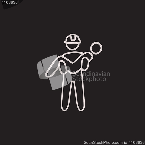 Image of Fireman holding person on hands sketch icon.