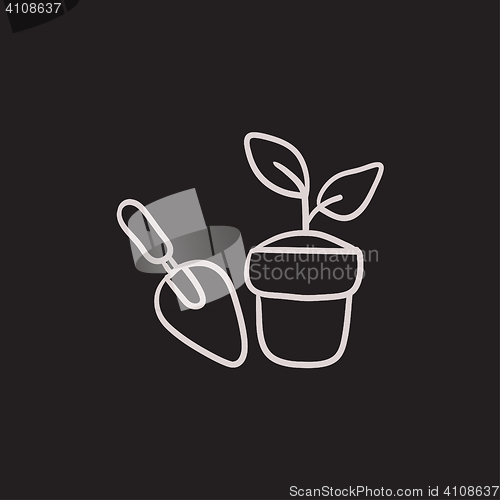 Image of Garden trowel and pot with plant sketch icon.