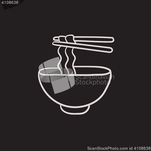 Image of Bowl of noodles with pair chopsticks sketch icon.