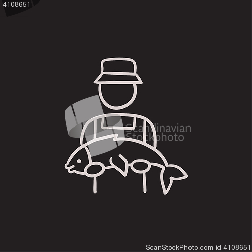 Image of Fisherman with big fish sketch icon.