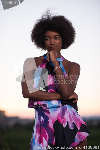 Image of portrait of a young African-American woman in a summer dress