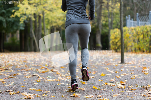 Image of close up of young woman running in autumn park