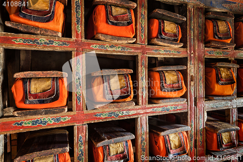 Image of Old manuscripts folios in library of Thiksey Monastery. Ladak