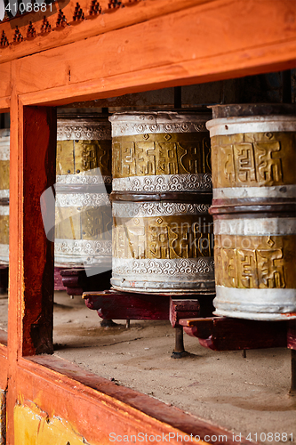 Image of Buddhist prayer wheels in Hemis monstery. Ladakh, India