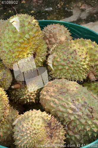 Image of Group of durian in the market.