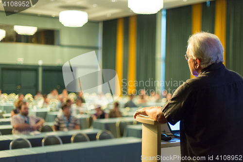 Image of Senior public speaker giving talk at scientific conference.