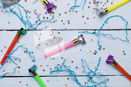 Image of Whistles, confetti on white background