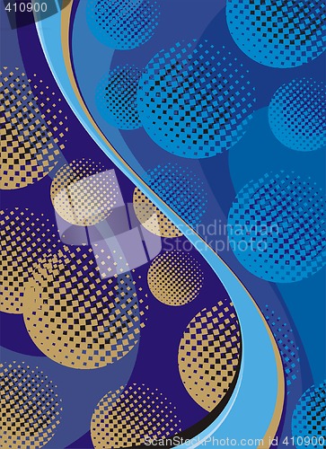 Image of Abstract gold balls and blue waves background